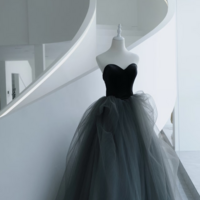 Elegant black velvet mini dress with grey tulle trim - perfect for birthdays, special occasions and evening parties - Thumbnail 3