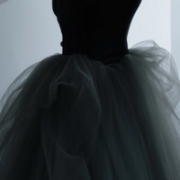 Elegant black velvet mini dress with grey tulle trim - perfect for birthdays, special occasions and evening parties - Thumbnail 4