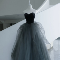 Elegant black velvet mini dress with grey tulle trim - perfect for birthdays, special occasions and evening parties - Thumbnail 7