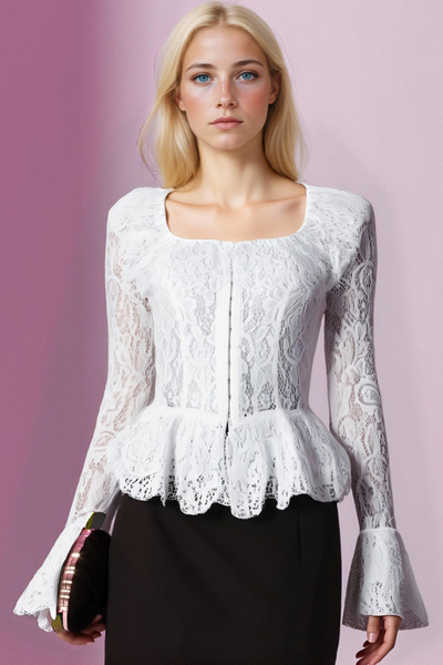 White lace long-sleeved square collar top French style high-end bottoming shirt