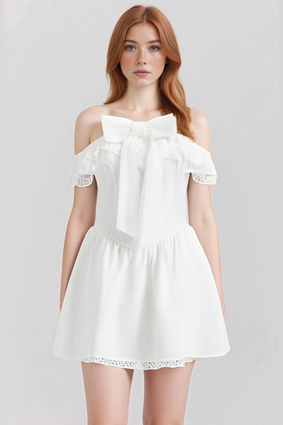 Fishbone white dress sexy one shoulder bow waist backless white dress