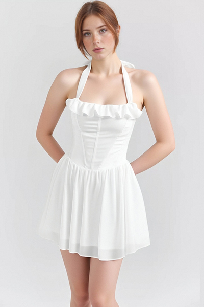 Sexy fishbone halter neck skirt hot girl slim backless white dress