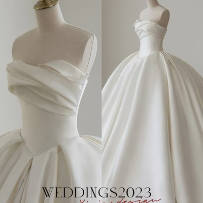 Ivory off-shoulder satin wedding dress, a-line gown with beading sleeves, no train bridal look, minimalist bride dress