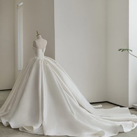 Ivory Off-Shoulder Satin Wedding Dress, A-Line Gown with Beading Sleeves, No Train Bridal Look, Minimalist Bride Dress - Thumbnail 1