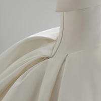 Ivory Off-Shoulder Satin Wedding Dress, A-Line Gown with Beading Sleeves, No Train Bridal Look, Minimalist Bride Dress - Thumbnail 2