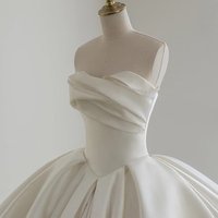 Ivory Off-Shoulder Satin Wedding Dress, A-Line Gown with Beading Sleeves, No Train Bridal Look, Minimalist Bride Dress - Thumbnail 3