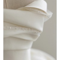 Ivory Off-Shoulder Satin Wedding Dress, A-Line Gown with Beading Sleeves, No Train Bridal Look, Minimalist Bride Dress - Thumbnail 4