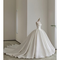 Ivory Off-Shoulder Satin Wedding Dress, A-Line Gown with Beading Sleeves, No Train Bridal Look, Minimalist Bride Dress - Thumbnail 5