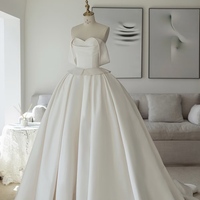 Modern Satin Wedding Dress, Clean A-Line Bridal Gown with Corset Bodice and Ribbon Straps, Simple Elegant City Dress - Thumbnail 2