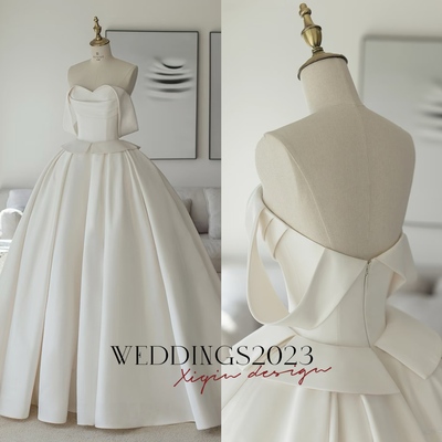Modern Satin Wedding Dress, Clean A-Line Bridal Gown with Corset Bodice and Ribbon Straps, Simple Elegant City Dress