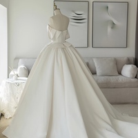 Modern Satin Wedding Dress, Clean A-Line Bridal Gown with Corset Bodice and Ribbon Straps, Simple Elegant City Dress - Thumbnail 1