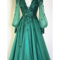 Green Evening Gown, Long Sleeve Formal Dress, Floral Embellished Prom Dress, Sparkly Bridesmaids Gown, Wedding Guest, Mother Of The Bride - Thumbnail 1