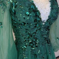 Green Evening Gown, Long Sleeve Formal Dress, Floral Embellished Prom Dress, Sparkly Bridesmaids Gown, Wedding Guest, Mother Of The Bride - Thumbnail 2