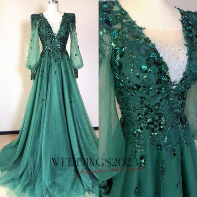 Green evening gown, long sleeve formal dress, floral embellished prom dress, sparkly bridesmaids gown, wedding guest, mother of the bride