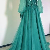 Green Evening Gown, Long Sleeve Formal Dress, Floral Embellished Prom Dress, Sparkly Bridesmaids Gown, Wedding Guest, Mother Of The Bride - Thumbnail 3