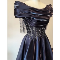 Dark Bule Prom Dress, A-line Prom Dress, Sequined Prom Dress with Off Shoulder Straps, Long Prom Dress with Short Sleeves, Evening Dress - Thumbnail 1