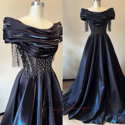 Dark bule prom dress, a-line prom dress, sequined prom dress with off shoulder straps, long prom dress with short sleeves, evening dress - Thumbnail 5