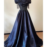 Dark Bule Prom Dress, A-line Prom Dress, Sequined Prom Dress with Off Shoulder Straps, Long Prom Dress with Short Sleeves, Evening Dress - Thumbnail 4
