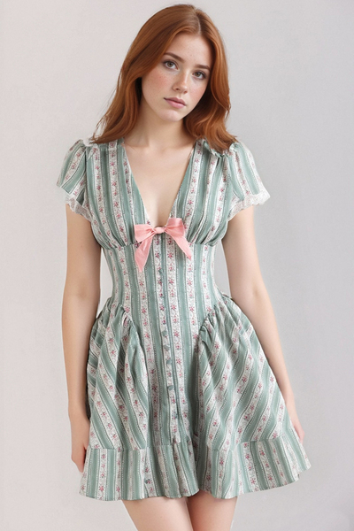 Sweet and romantic floral bow-decorated striped lace V-neck mini dress