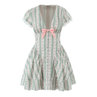 Sweet and romantic floral bow-decorated striped lace V-neck mini dress - Thumbnail 1