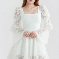 White lace flared long-sleeved square-neck dress with a slim waist and A-line skirt - Thumbnail 1