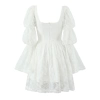 White lace flared long-sleeved square-neck dress with a slim waist and A-line skirt - Thumbnail 1