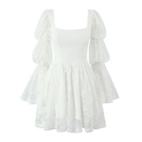 White lace flared long-sleeved square-neck dress with a slim waist and A-line skirt - Thumbnail 3
