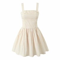 Sweet beige plaid short suspender A-line dress - Thumbnail 1