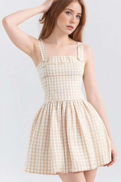 Sweet beige plaid short suspender A-line dress