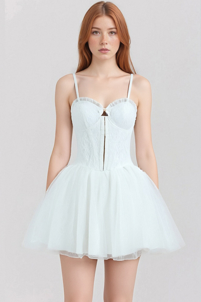 Lace jacquard suspender wrap chest tie waist puffy dress