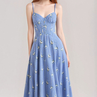Romantic pastoral style retro blue small chrysanthemum mid-length dress women's suspender dress - Thumbnail 1
