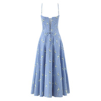 Romantic pastoral style retro blue small chrysanthemum mid-length dress women's suspender dress - Thumbnail 3