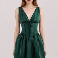 Satin Sexy Fishbone Slim Deep V Neck Sleeveless Mini Dress - Thumbnail 1