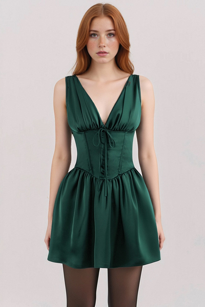 Satin Sexy Fishbone Slim Deep V Neck Sleeveless Mini Dress