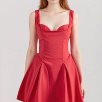 Sexy red satin three-layer three-dimensional steel ring lace splicing puffy dress - Thumbnail 1