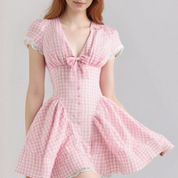 Lace Trim Bowknot V-Neck Pure Waist Mini Dress - Thumbnail 1