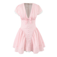 Lace Trim Bowknot V-Neck Pure Waist Mini Dress - Thumbnail 2