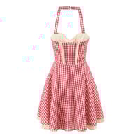 First Love Sweet Red Plaid Heart Pocket Halter Neck Open Back Waist Mini Dress - Thumbnail 2