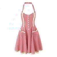 First Love Sweet Red Plaid Heart Pocket Halter Neck Open Back Waist Mini Dress - Thumbnail 3