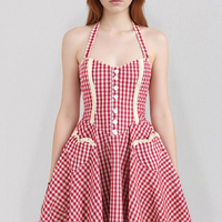 First Love Sweet Red Plaid Heart Pocket Halter Neck Open Back Waist Mini Dress - Thumbnail 1