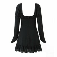 Niche design waist square neck tie long sleeve dress - Thumbnail 5