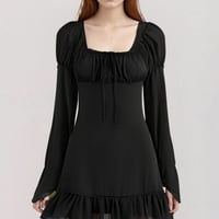Niche design waist square neck tie long sleeve dress - Thumbnail 6