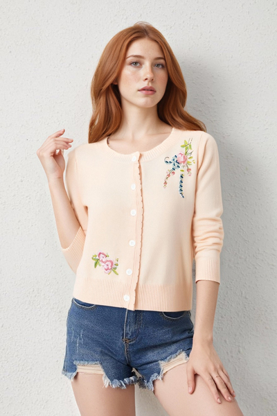 Heavy Flower Embroidery Knit Sweater Top Coat