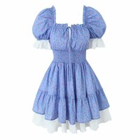 Retro Floral Square Neck Sexy Lace Splicing Elastic Waist Tutu Dress - Thumbnail 1