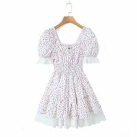 Retro Floral Square Neck Sexy Lace Splicing Elastic Waist Tutu Dress - Thumbnail 4