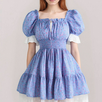 Retro Floral Square Neck Sexy Lace Splicing Elastic Waist Tutu Dress - Thumbnail 2