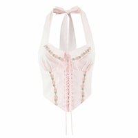 Pink exquisite embroidered sexy halter neck strap waist suspender short sleeveless top - Thumbnail 2