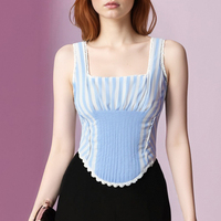 Square neck lace ruffled back tie slim striped vest - Thumbnail 1