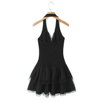 Retro sexy hot girl mesh lace bow splicing tutu skirt female sexy V-neck halter dress - Thumbnail 1