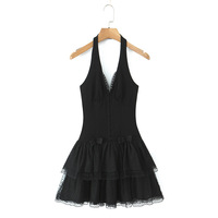 Retro sexy hot girl mesh lace bow splicing tutu skirt female sexy V-neck halter dress - Thumbnail 2